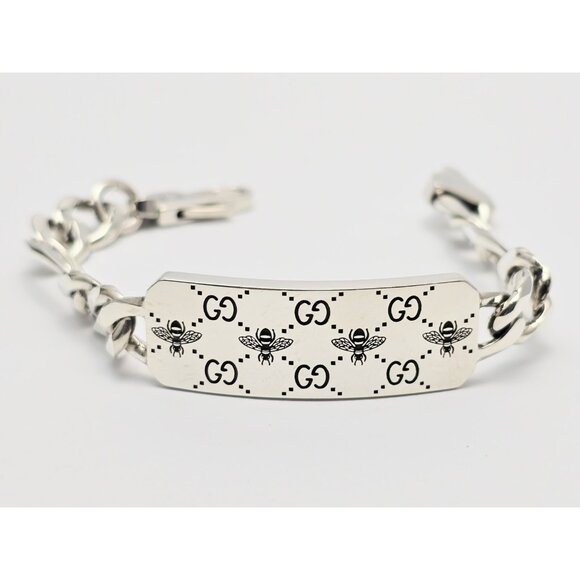 Gucci Sterling Silver 925 Signature Bee Motif and GG Link ID Bracelet Size 6.75"